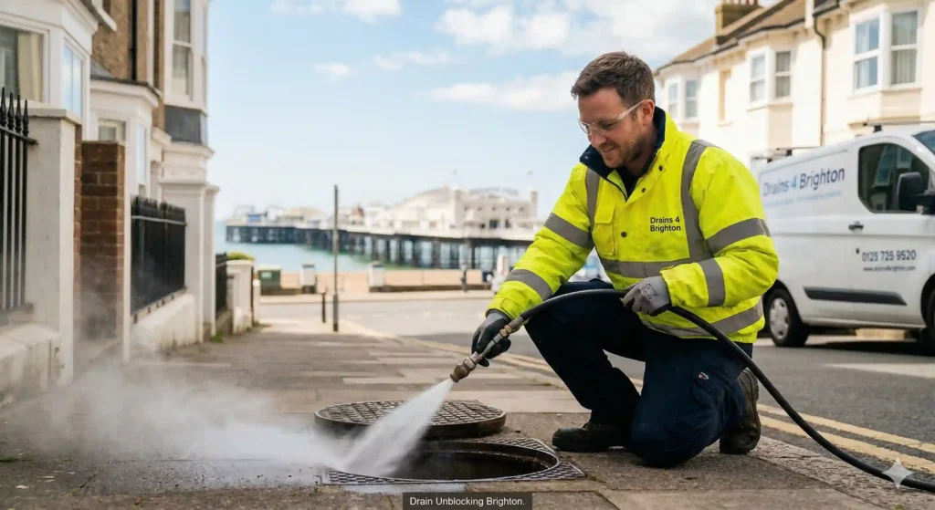 Drains 4 Brighton engineer performing high-pressure drain unblocking Brighton near the Palace Pier.