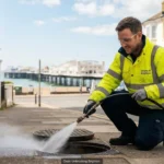 Drains 4 Brighton engineer performing high-pressure drain unblocking Brighton near the Palace Pier.